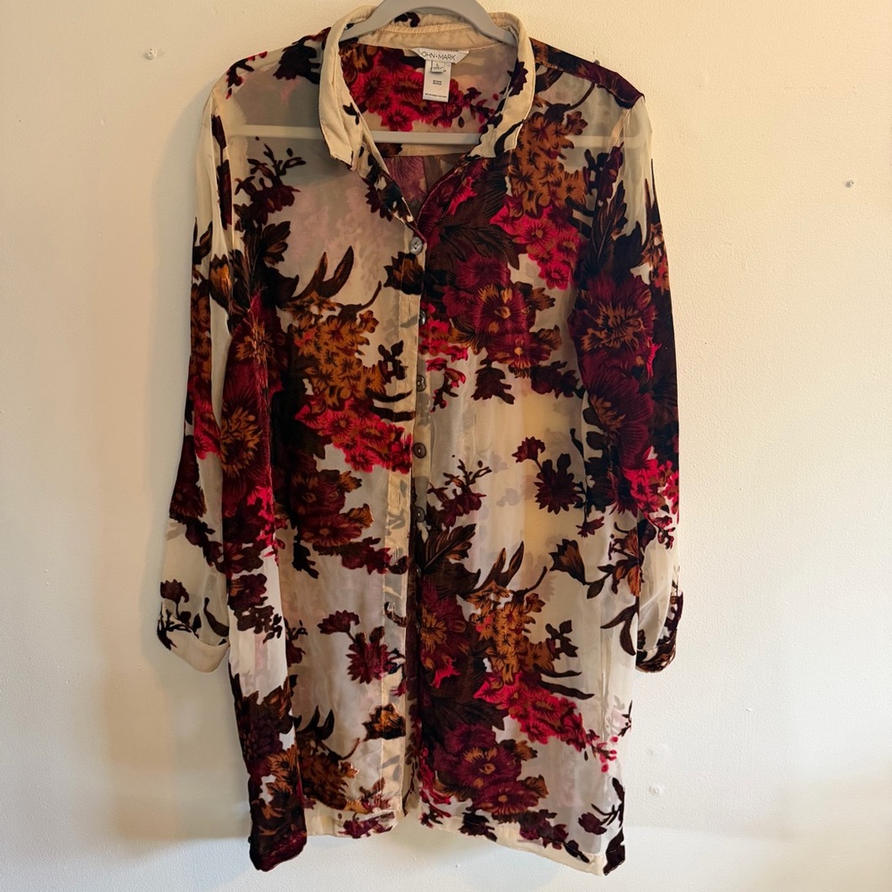 Sheer Floral ButtonUp in Cream with Red & Brown Blooms Wearable Art Velvet